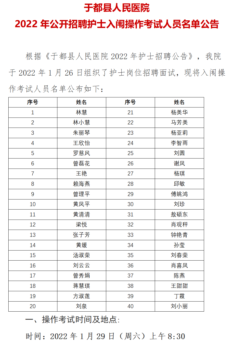 于都县人民医院2022年公开招聘护士入闱操作考试人员名单公告